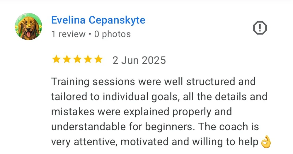 5-star Google review from Evelina Cepanskyte on structured, beginner-friendly training sessions