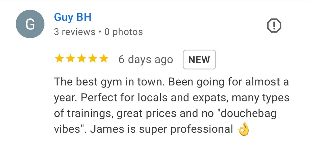 5-star Google review from Guy BH calling Unity Fitness the best gym in town