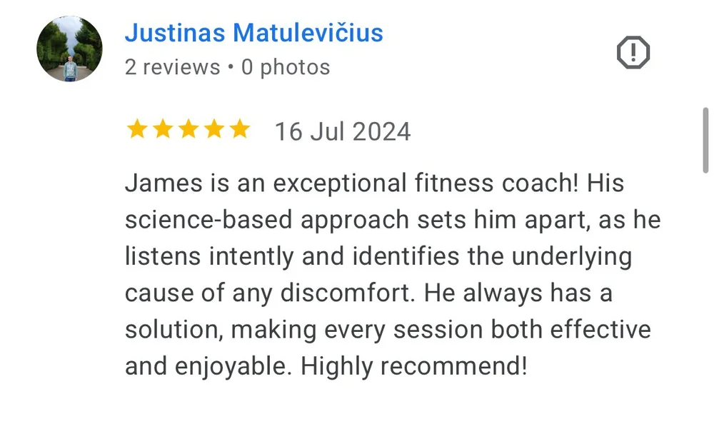 5-star Google review from Justinas Matulevičius praising James' science-based coaching approach