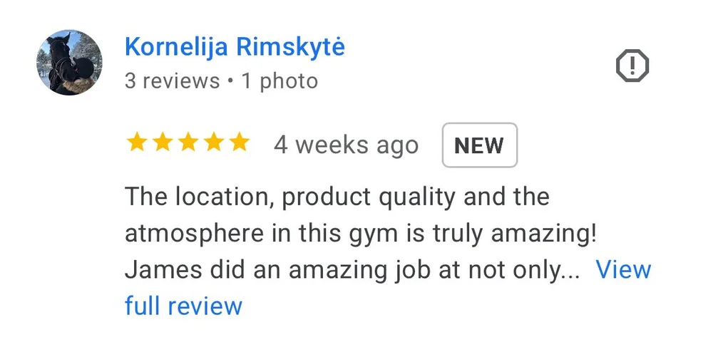 5-star Google review from Kornelija Rimskytė praising the location, product quality and atmosphere