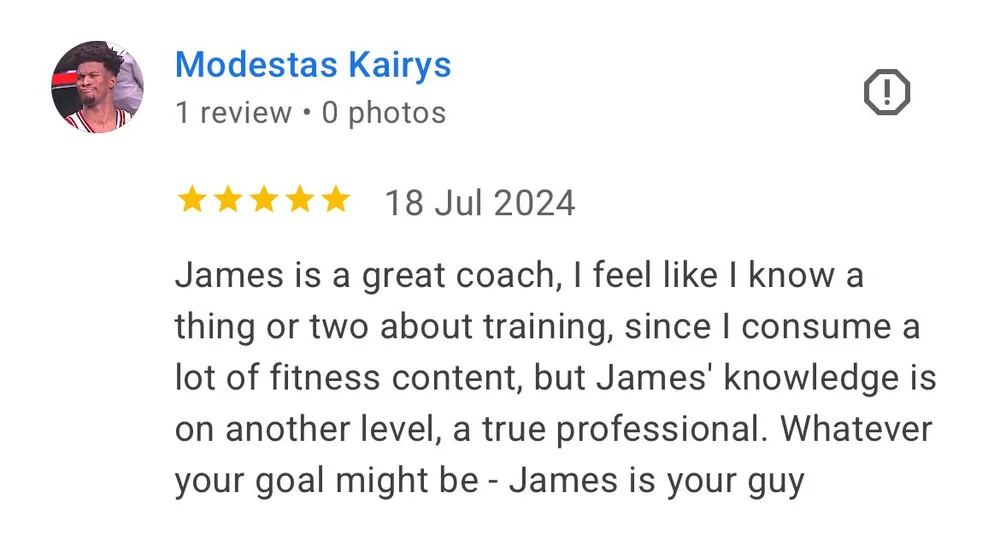 5-star Google review from Modestas Kairys on James' coaching knowledge