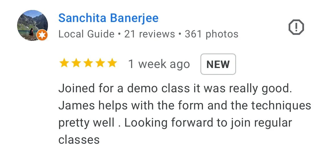 5-star Google review from Sanchita Banerjee about a demo class with James