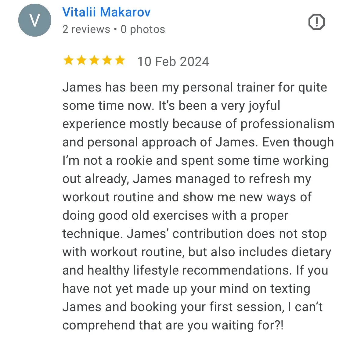 5-star Google review from Vitalii Makarov on James' professionalism and personal approach